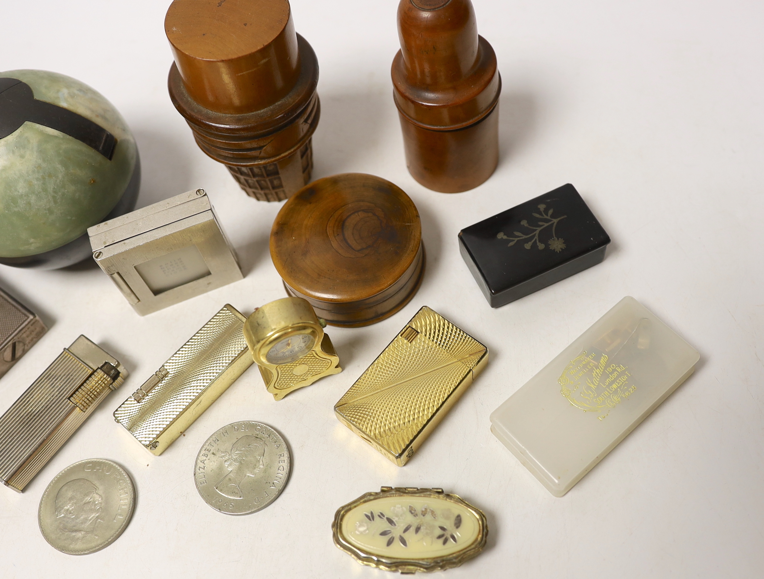 Sundry items including lighters, treen and miniature clocks